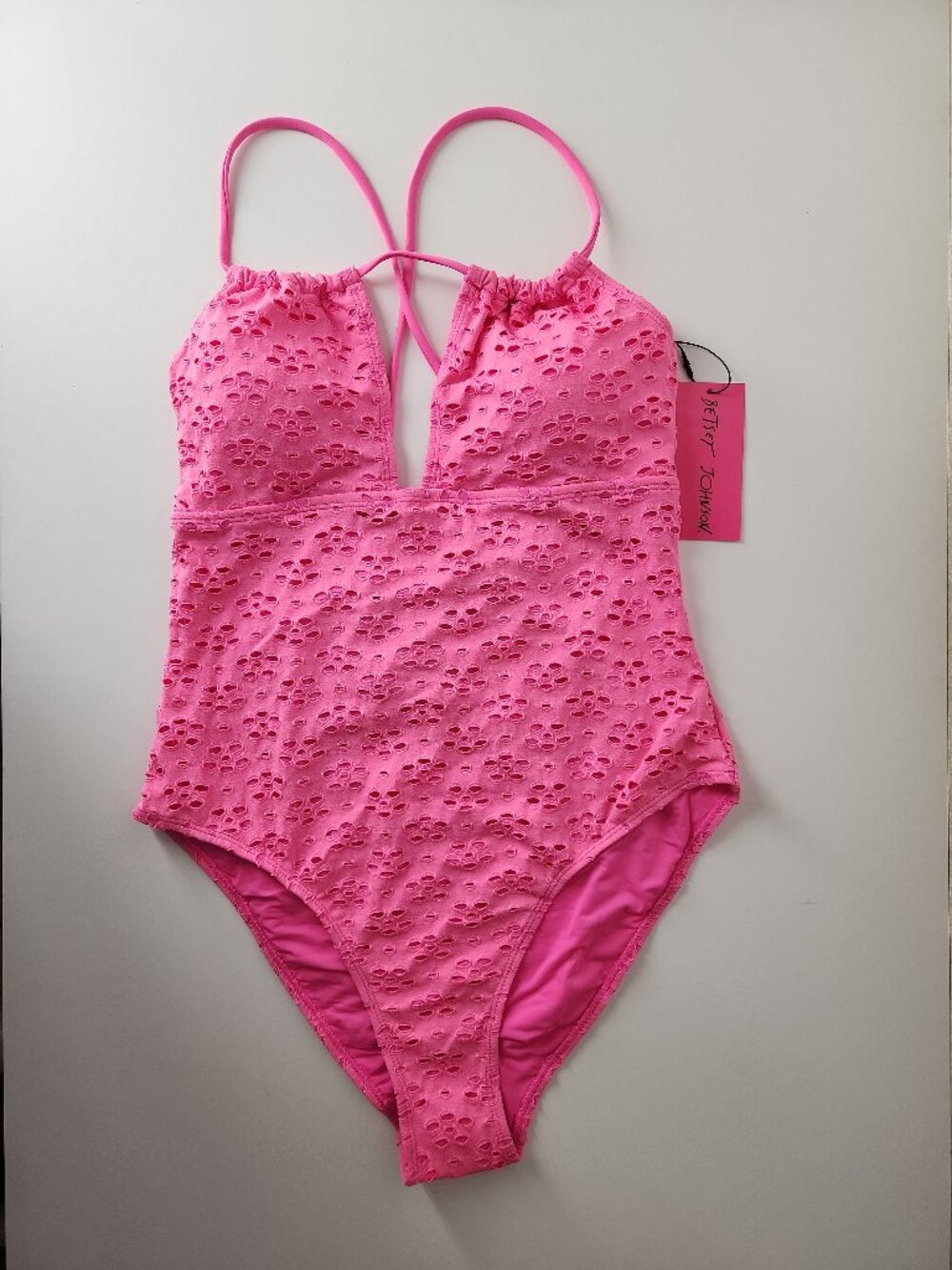 Betsey Johnson Swimsuit sz M eyelet Lace-up cross back ties Sugar Plum Pink New